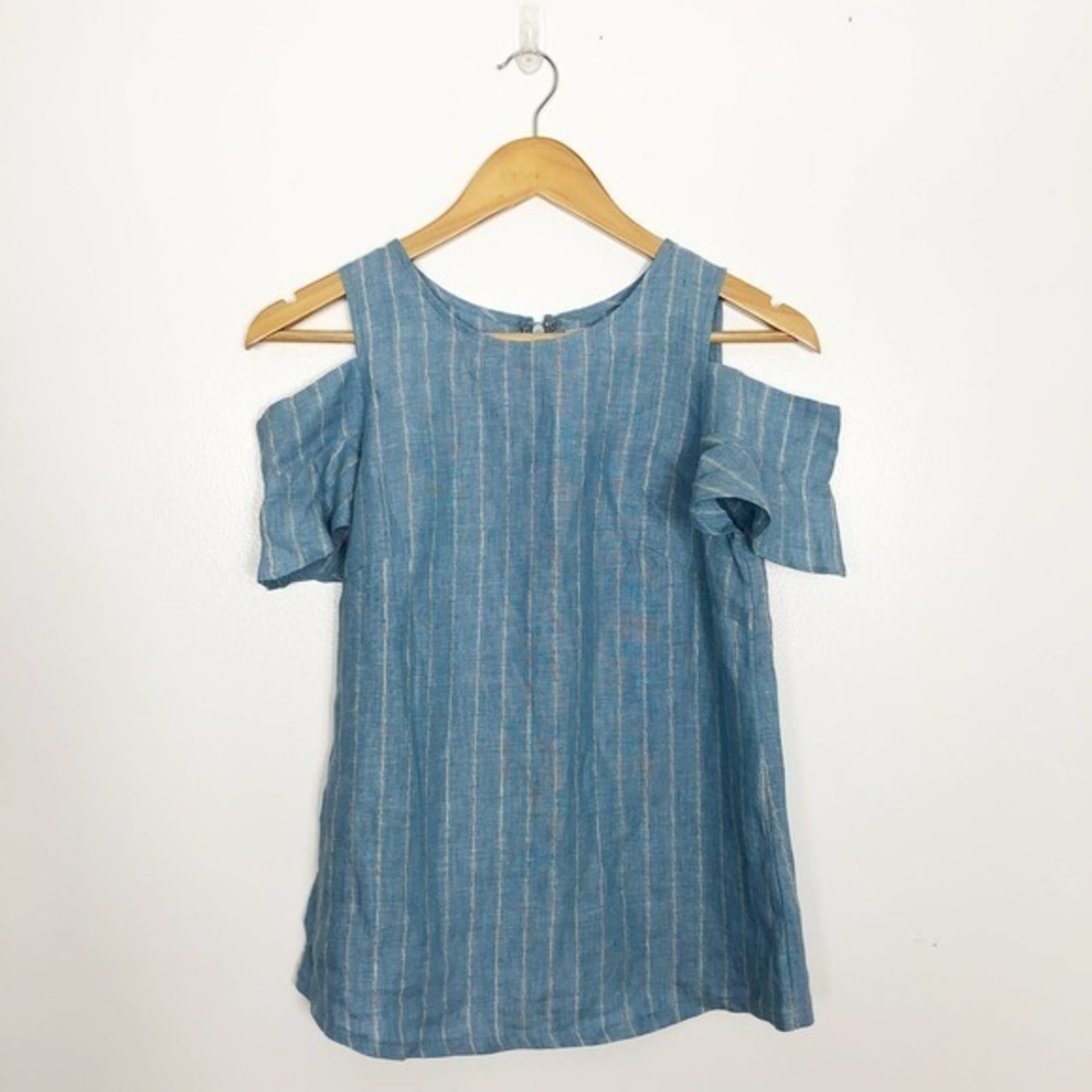 MOON RIVER Blue 100%‎ Linen Cold Shoulder Blouse XS